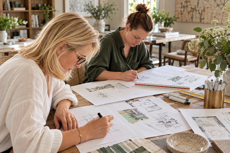Illustration of a designer sketching a floor plan at a table with color swatches and fabric samples nearby.